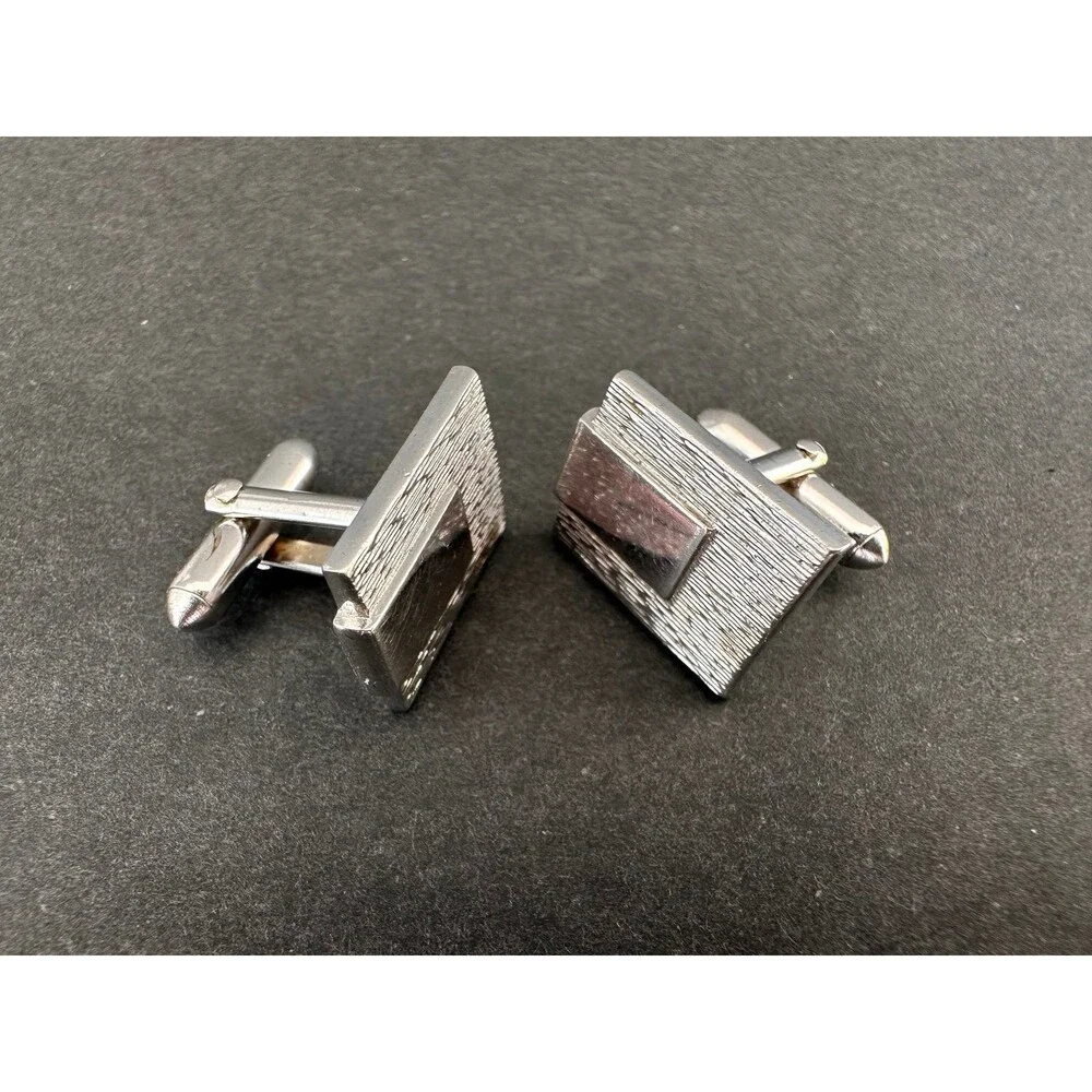 Vintage Swank Silver Tone Rectangle Men’s Cufflinks Brushed & Shiny 3/4” x 1/2”